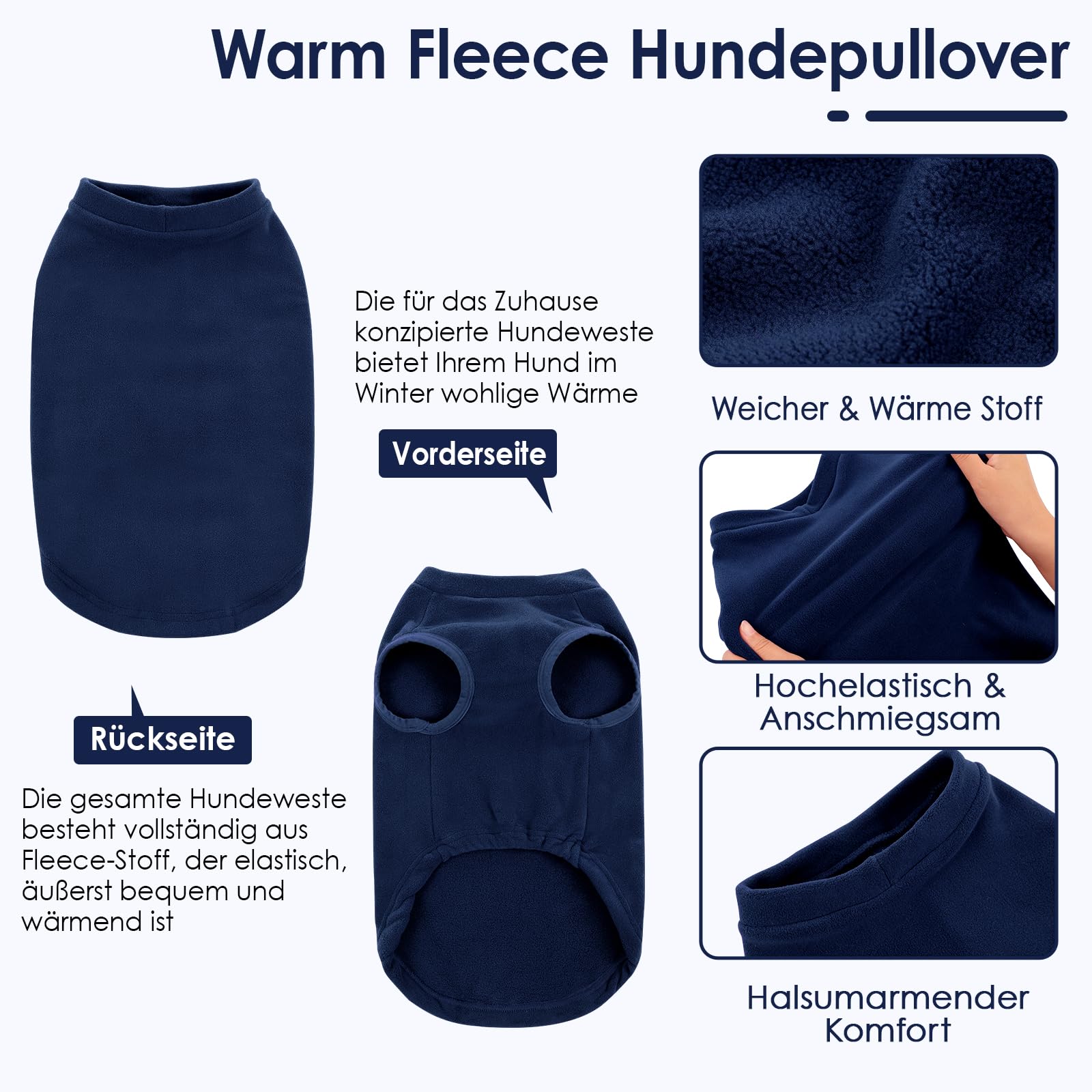 AOFITEE Fleece Hundepullover, Warmer Weihnachten Hunde Pullover Fleece Hundeweste für Große Hunde, Weicher Hundepulli Elastischer Fleecepullover Winter Hundemantel Pulli für Dobermann, Marineblau XXXL