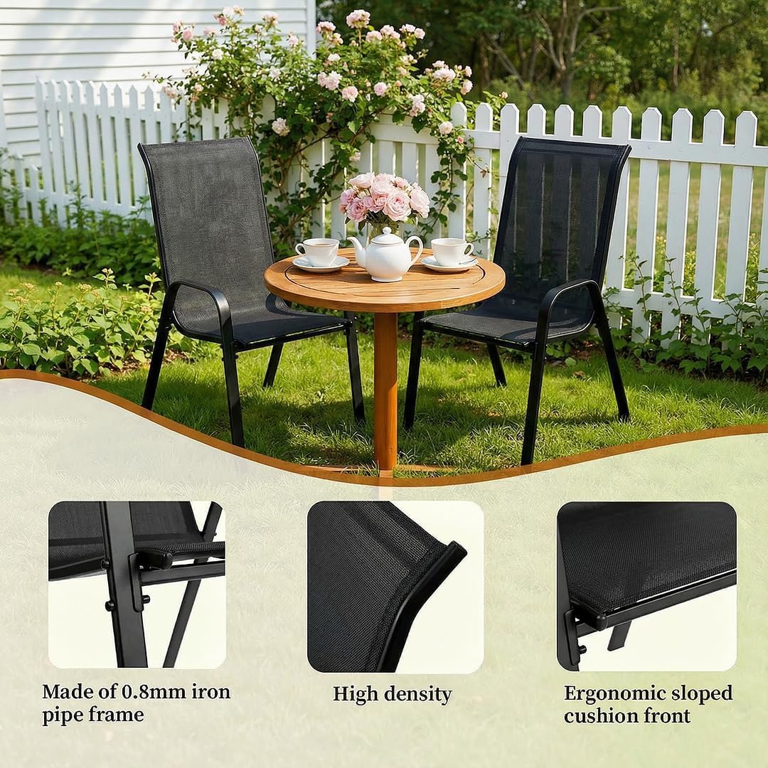 LIFERUN Gartenstühle Stapelstuhl Camping Stapelbar Hochlehner Terrassenstuhl Textilene Stahlgestell 150 kg Belastbar 54 x 69 x 93cm 4er Set Schwarz