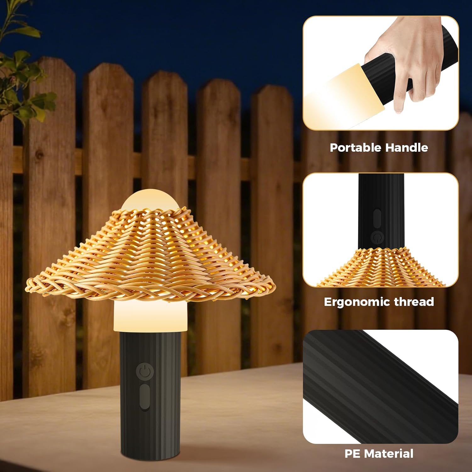 FUYO Rechargeable Shower Lamp Outdoor Table Lamp with Detachable Lanyard Portable Camping Light Water-Resistant Shower Lamp Night Light for Garden Yard Camping Indoor Outdoor (Plastic Rattan Cap)