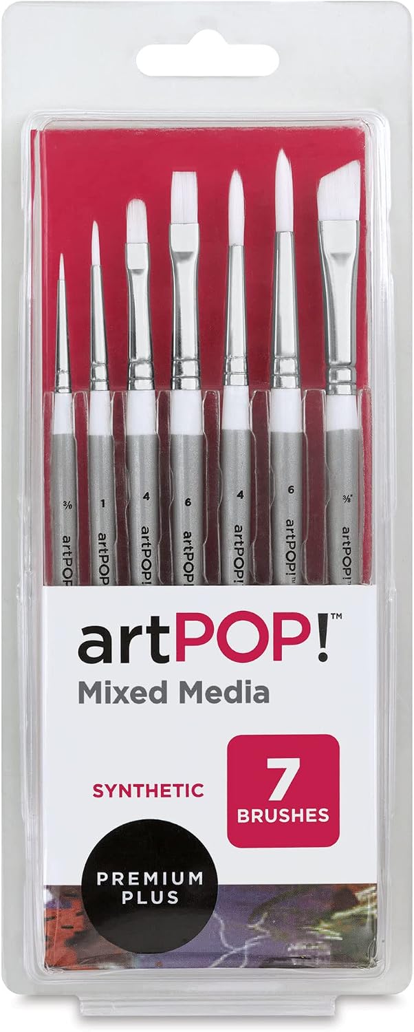 artPOP! Paint Brushes, Set of 7, Premium Synthetic Brushes for Acrylic, Oil, and Watercolor, Assorted Shapes and Sizes, Wooden Handles, Artist Brushes for Mixed Media