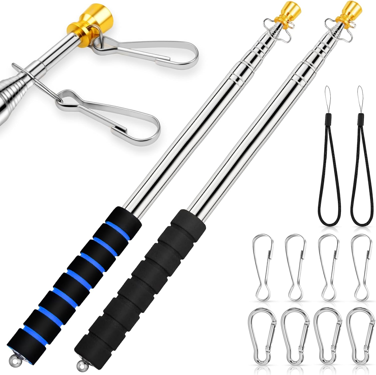 2 Pack Telescopic Portable Handheld Flag Pole 9.8Ft/3M Stainless Steel, Retractable Hand Held Flagpole for Carrying, Telescoping Tour Guide Flagpoles for 3x5 4x6 Flag with 4 Pcs Clips (Black+Blue)