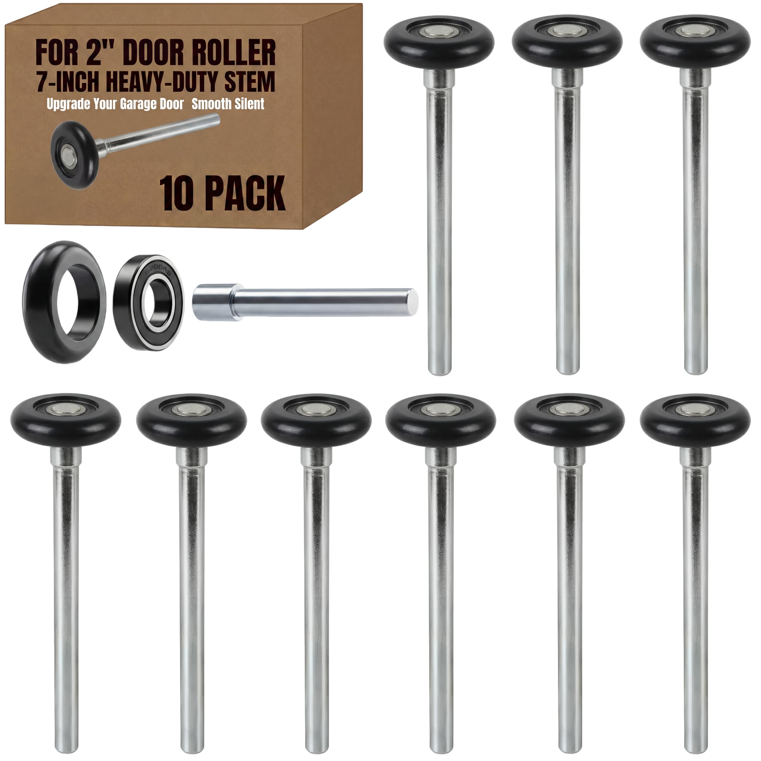 10 Pack 7" Stem Black 2" Sealed Nylon Commercial Garage Door Roller, Ultra Quiet Long-Lasting Durable High Load, Use Double Seals Precision Bearings for Home&amp;Commercial