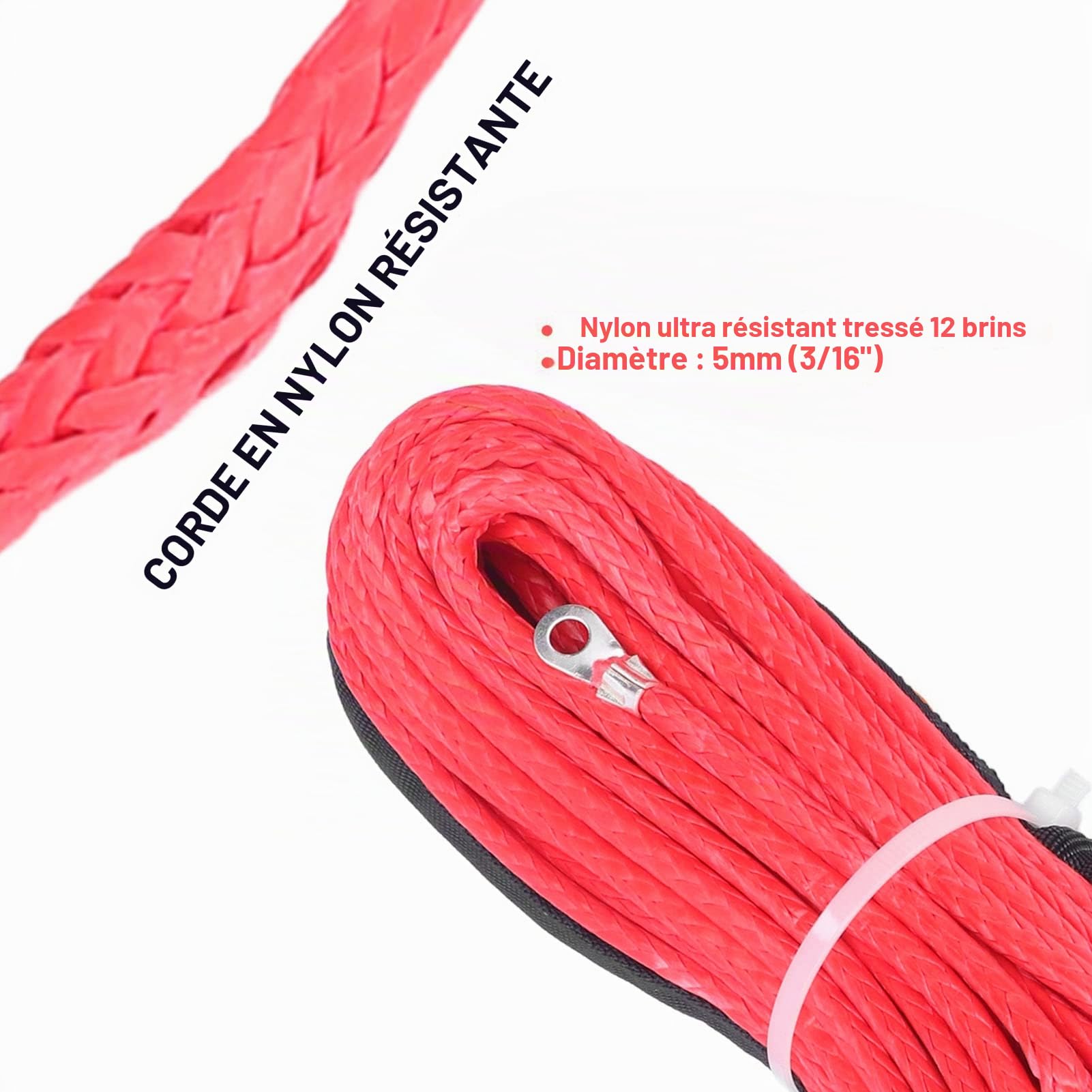 KIMISS Sangle de Câble de Remorquage de Voiture, Câble de Treuil 4,8 Mm X 15 M en Fibre Synthétique 5500 Lbs Résistance à la Rupture étanche pour Remorque ATV UTV(Rouge)