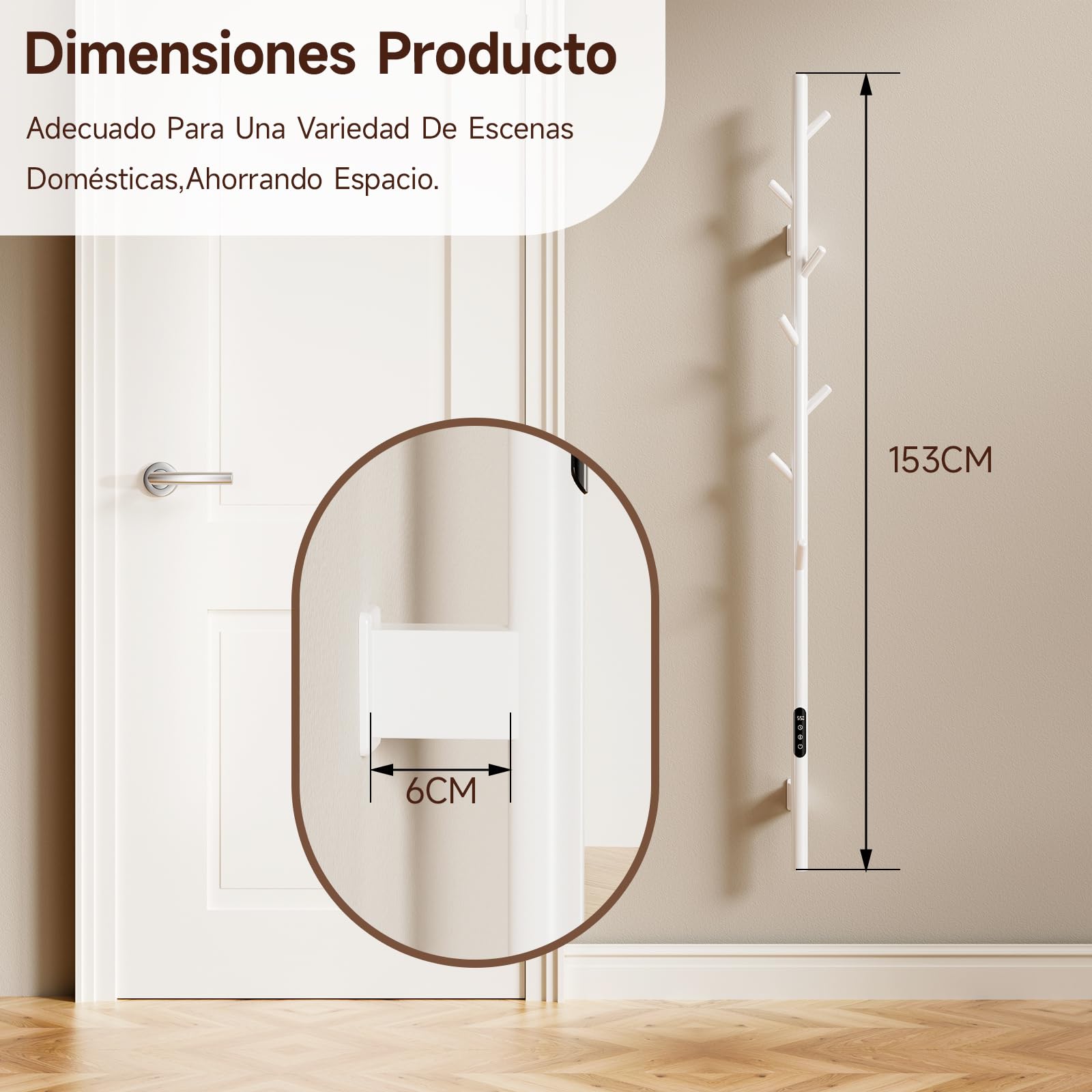 Radiador Toallero Eléctrico,Toallero calefactable Blanco,153cm Radiador eléctrico una sola varilla inteligente WIFI,con pantalla LED, Temporizador y 7 ganchos,Bajo Consumo De Energía Towel Warmer