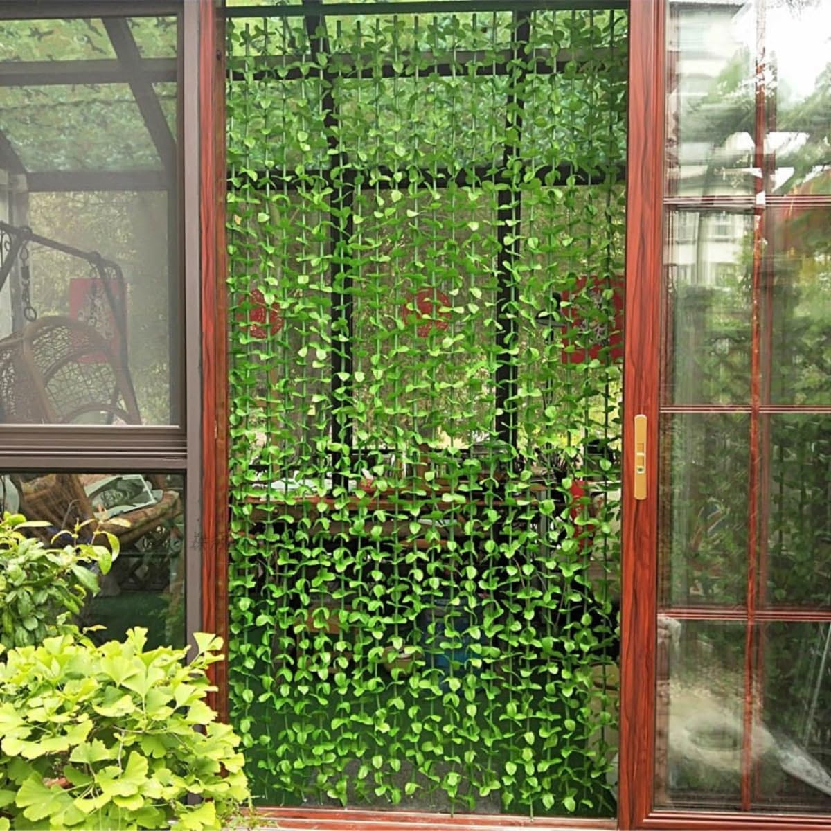 Rideau de Porte décoratif à Perles en Forme de Feuille de Bambou Verte, Rideau à chaînette pour intimité, 70 cm à 120 cm, Rideau à Rayures et Pompons (100 x 200 cm)