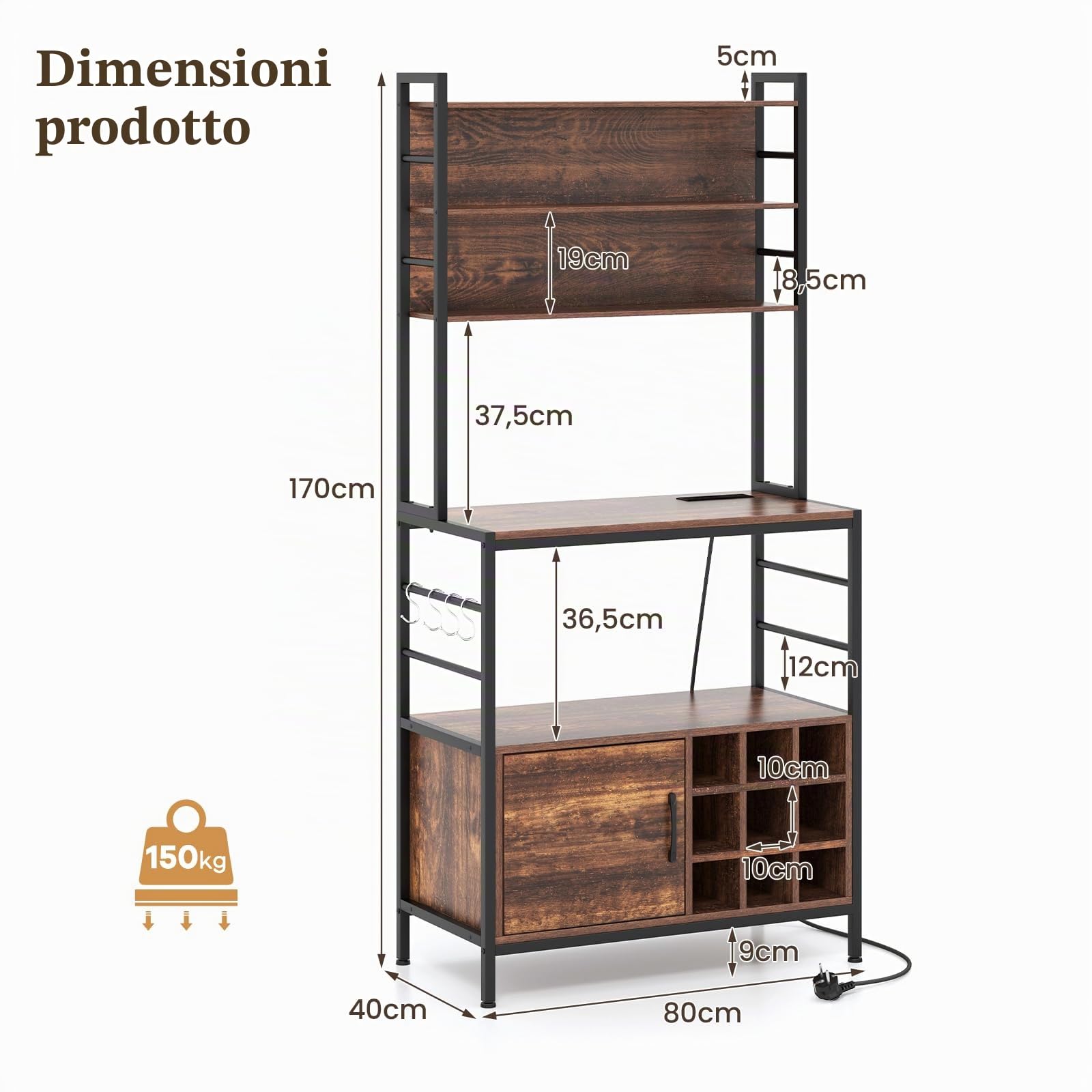 KOMFOTTEU Scaffale da cucina con presa di corrente alto 170cm, scaffale da forno in legno e telaio metallico, scaffale per microonde con ganci a forma di S e portabottiglie per vino, scaffale