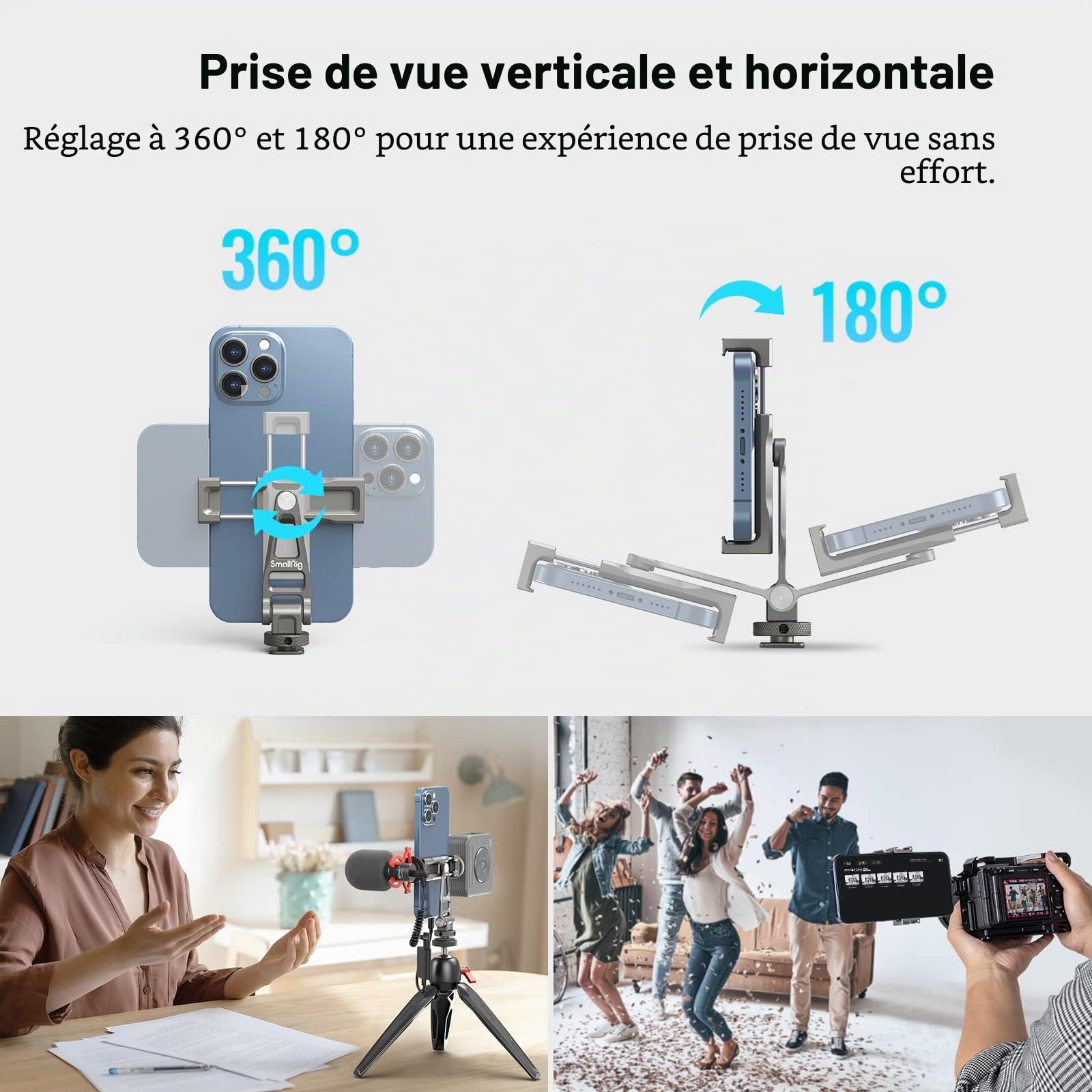 SMALLRIG Support de Téléphone Universel en Métal avec Cold Shoe et Trou Fileté 1/4"-20, Support de Caméra pour Téléphone Portable avec Rotation à 360° - 3559