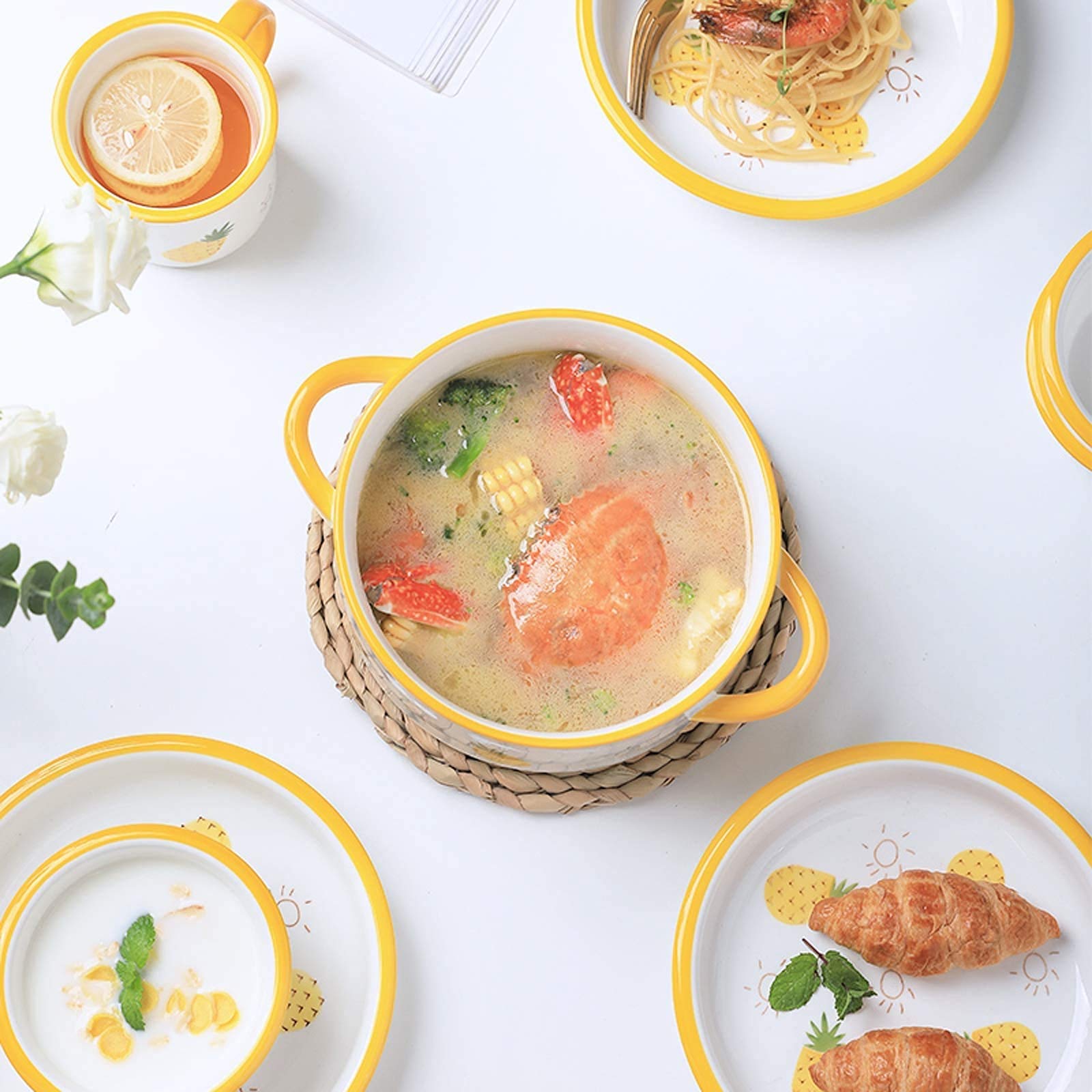 Juego de vajilla de Cocina, vajilla de cerámica, Juego de vajilla de Porcelana Serie Pineapple de 25 Piezas, Olla con Tapa, tazón para Cereales y Plato para Car(