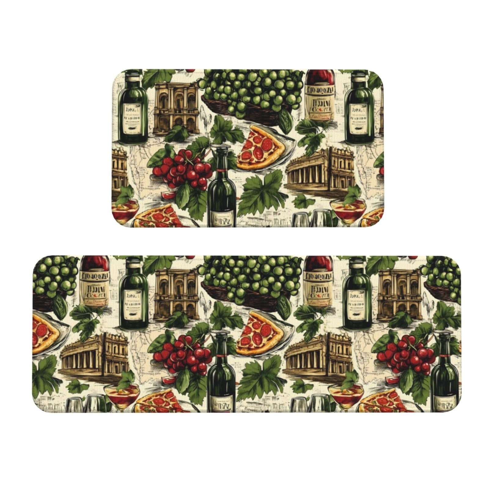 GVYGVY Antifatigue Kitchen Mats for Floor 2 Piece - Red Wine Pizza Food Pattern Print Kitchen Rugs Washable, Non Slip Runner Rug Standing Mat for Office/Bathroom/Laundry/Home Decor and Accessories