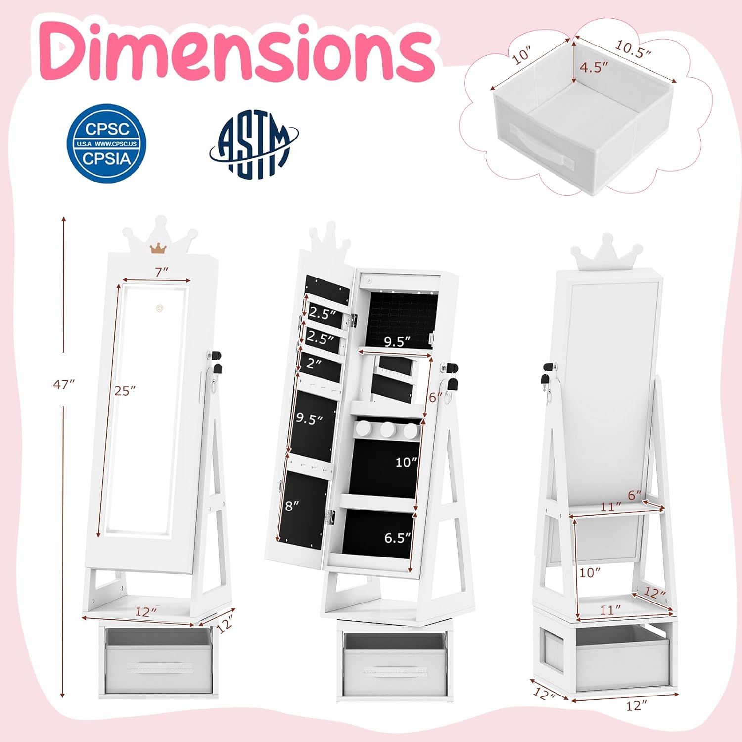 Costzon LED Kids Jewelry Armoire, 360° Swivel Jewelry Cabinet with Full Length Mirror, Adjustable Lights, Dress Up Mirror with Jewelry Storage, Lockable Standing Jewelry Organizer for Girls (White)