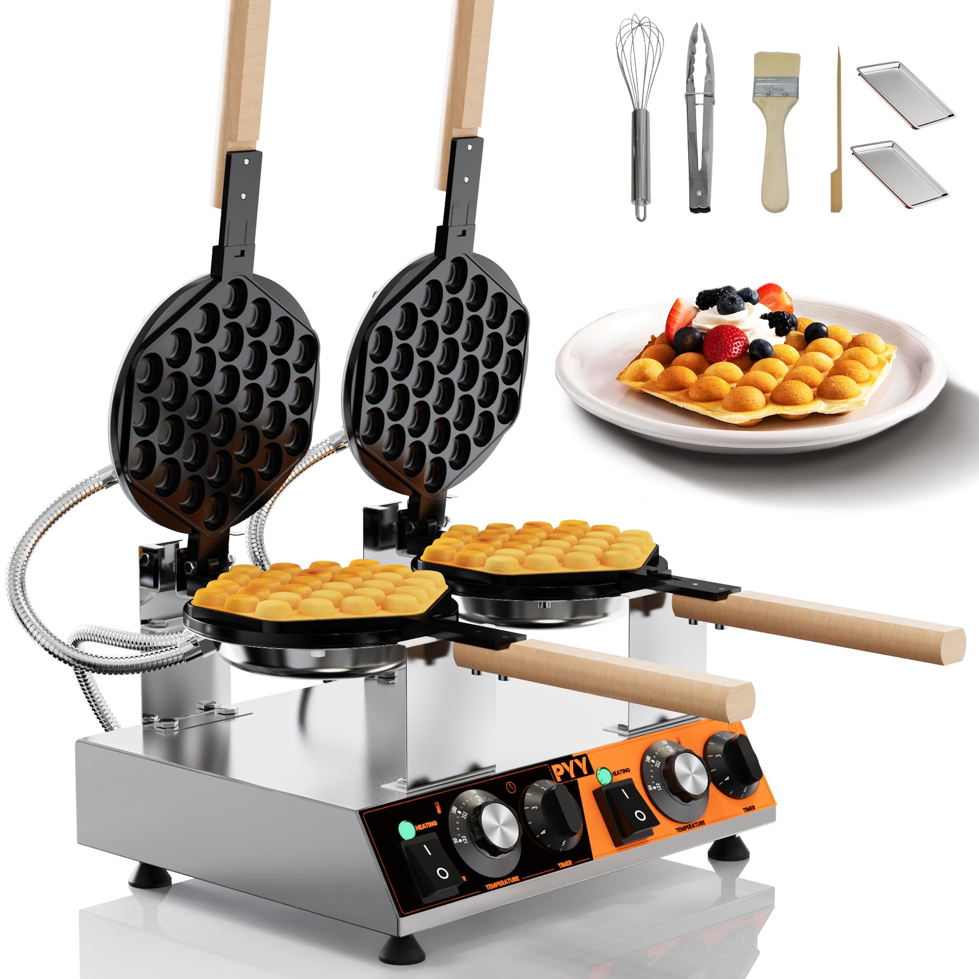 pyy bubble waffle maker - 3100w commercial hong kong egg waffle maker double head 180 rotate non-stick plate 50-250 adjustable temp 0-5min timer bubble waffle machine for commercial use 110v