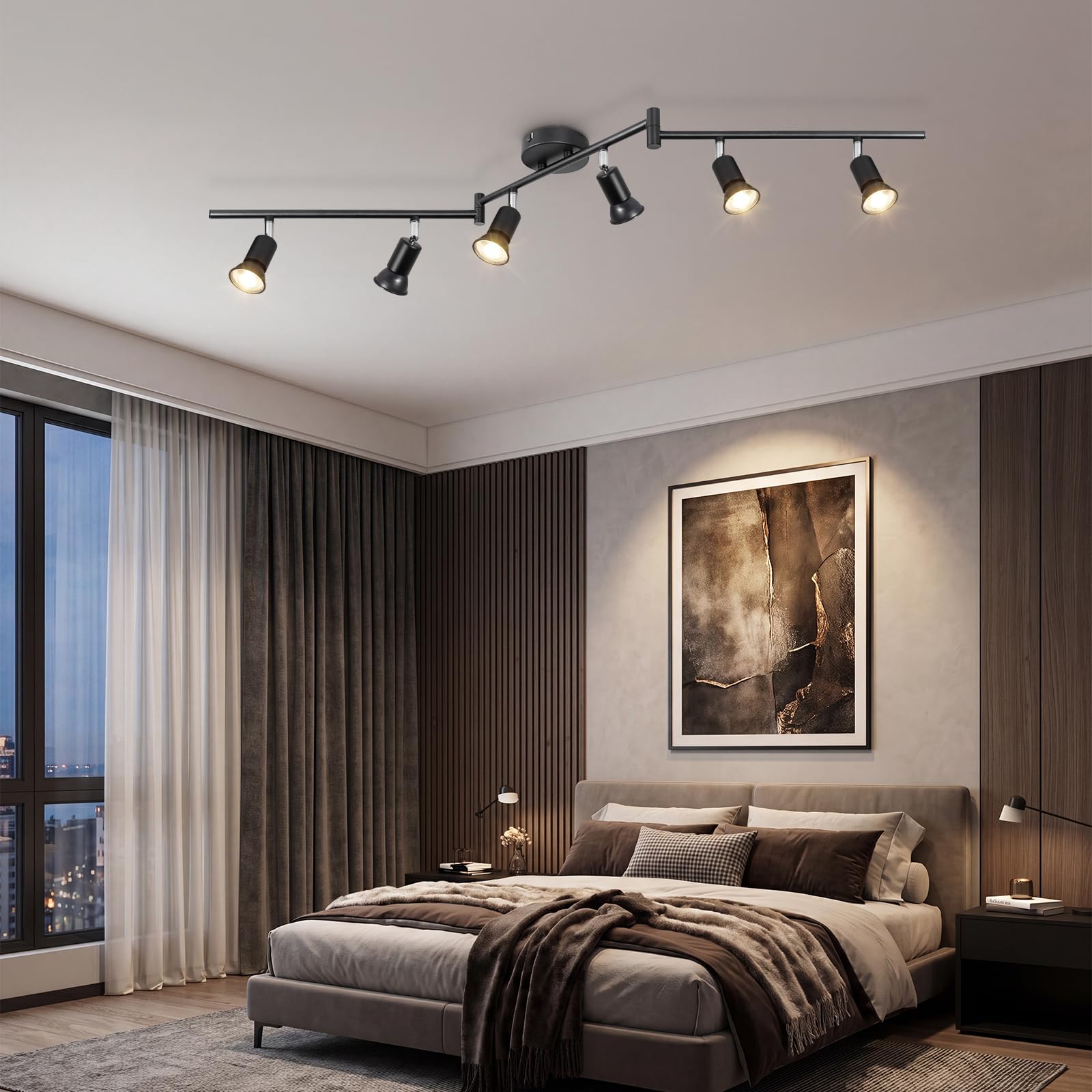 Faretti LED Soffitto GU10 Orientabili in Ferro, Nero, 6 Luci | 350° Orizzontali e 90° Verticali, Max 50W per Lampadina GU10, Senza Lampadina, Ideale per Soggiorno, Cucina e Camera da Letto