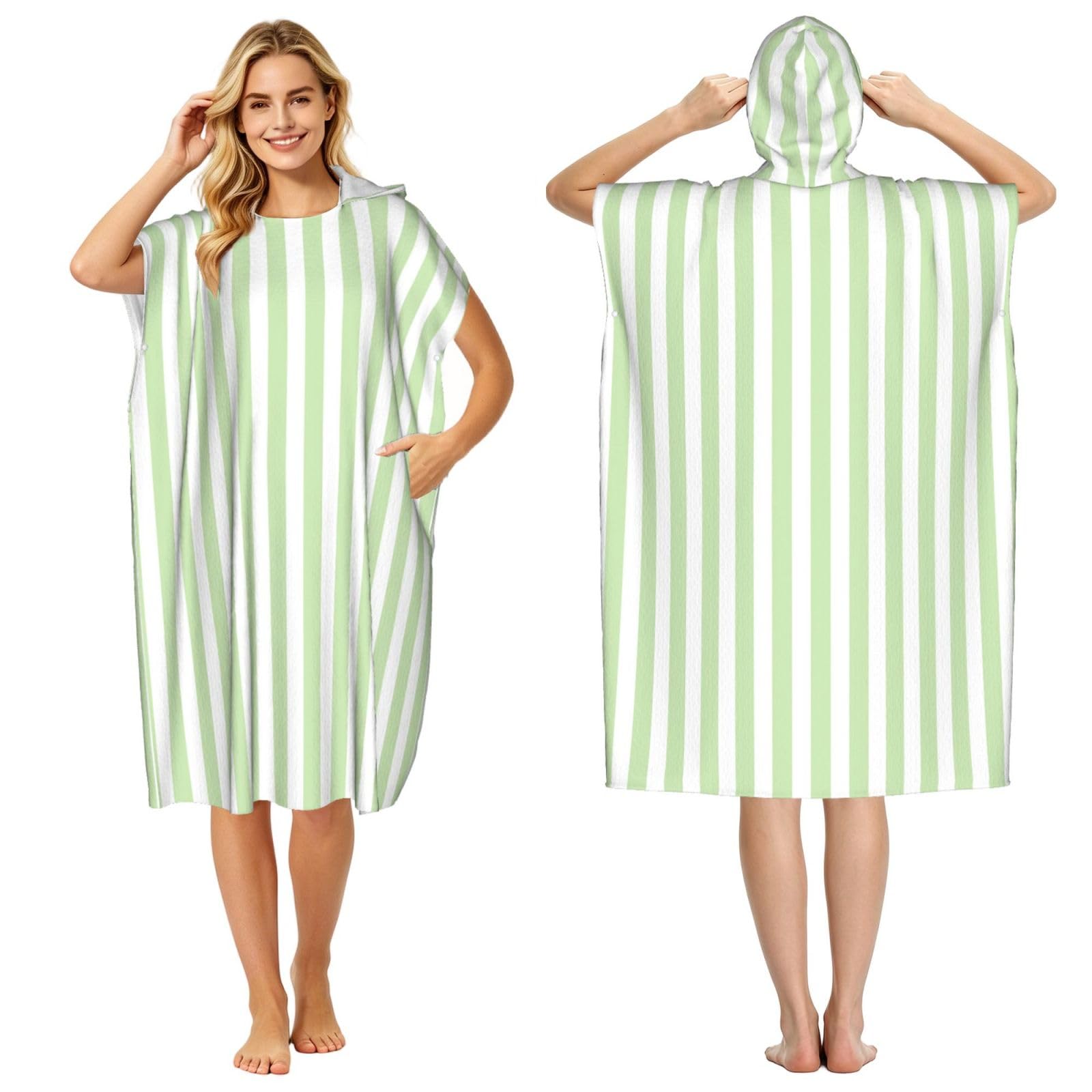 Poadnly Pale Green And White Candy Stripes, Adult Hooded Beach Towel 90 x 110 cm,Changing Bath Robe, Surf Poncho Towel For Women Men