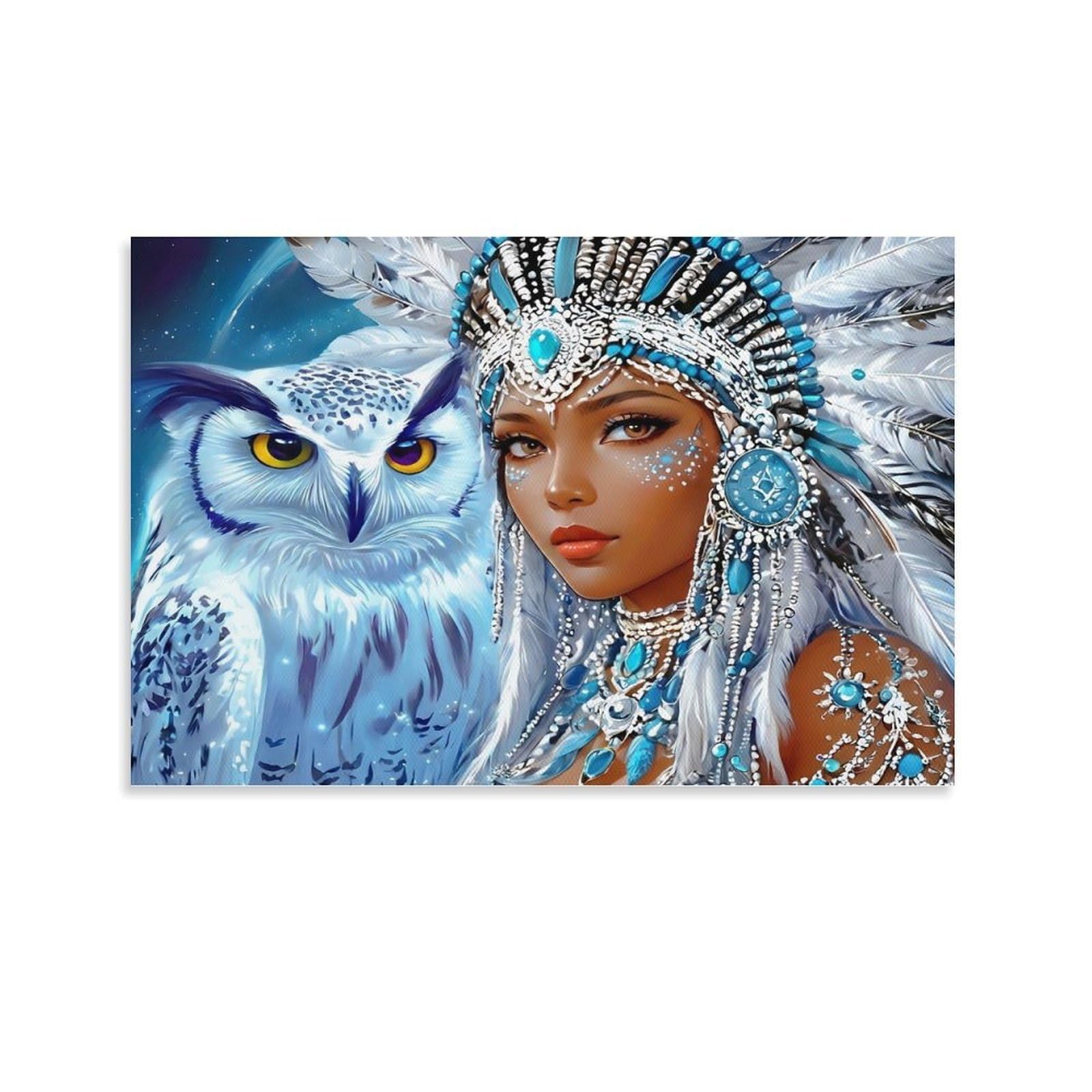 CPLVKWRQJ Snowy Owl Warrior Single Tribal Woman Beside Big White Spotted Owl Canvas Wall Art - Birthday Gift Office Canvas Print Fade Resistant Wall Decor 20x30inch(50x75cm)