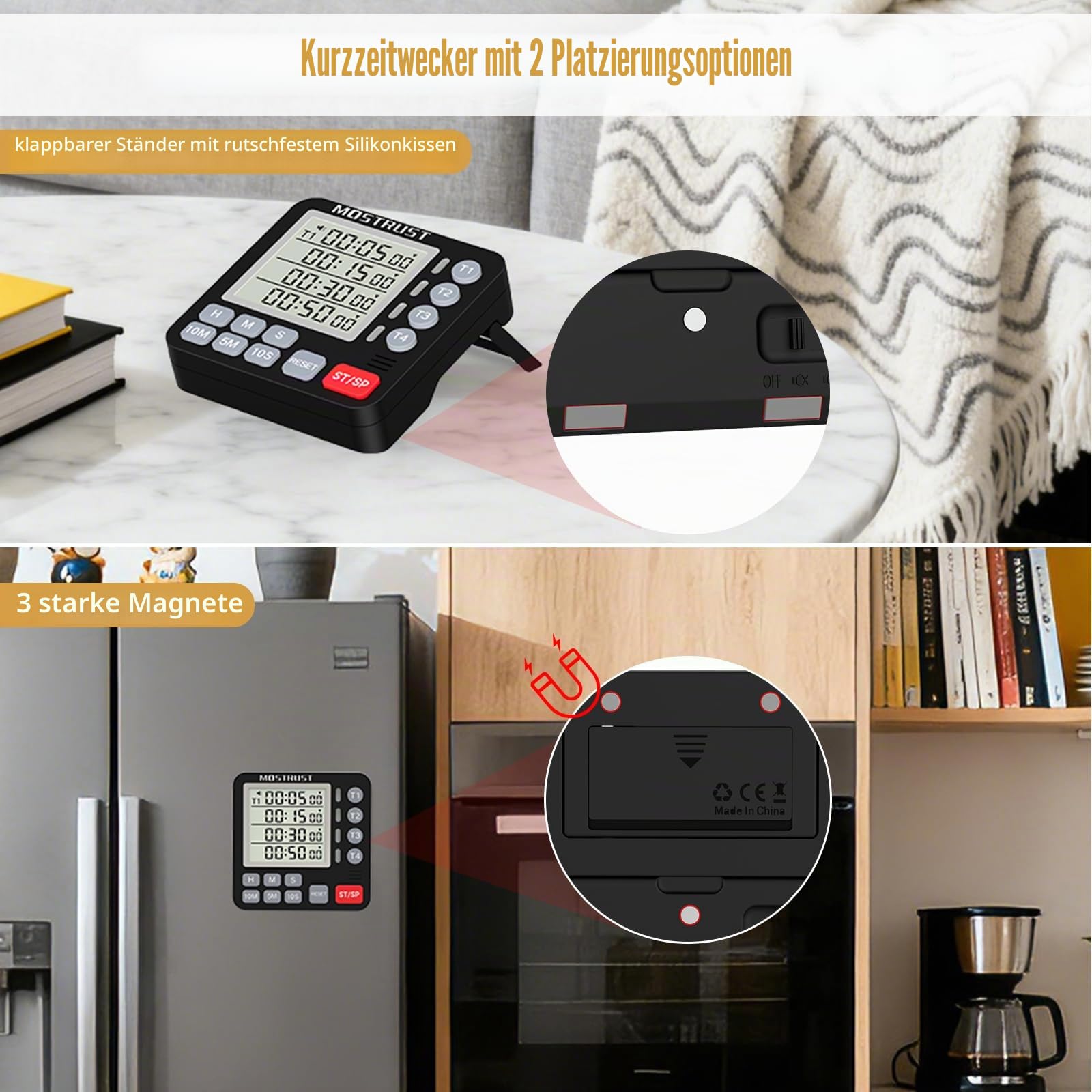 Digitaler Dual-Küchentimer, 4 Kanäle, unabhängiger Countdown-Timer, großes Display, On/Off, lauter Lautstärkealarm und Blinklicht mit magnetischer Rückseite, Ständer, Batterie im Lieferumfang