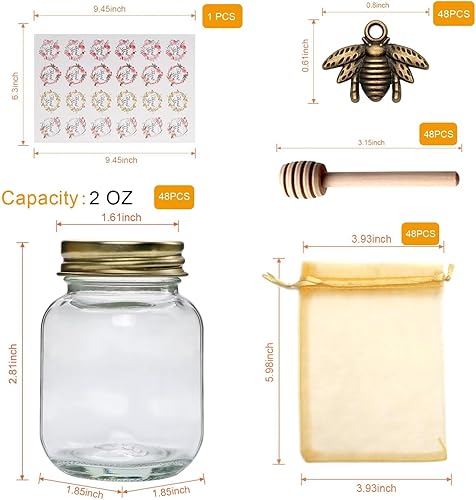 Miniatura 2 de Mini tarros de miel de vidrio, tarros de vidrio de 2 onzas con tapas, paquete de 48 tarros pequeños con cubos de madera, mini botellas transparentes