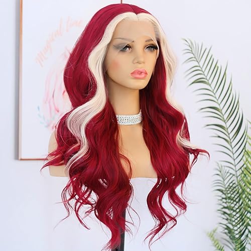 Miniatura 2 de ANDRIA Pelucas rubias con encaje frontal a rayas, color rojo vino y rubio, peluca larga ondulada sin pegamento, peluca de encaje transparente,