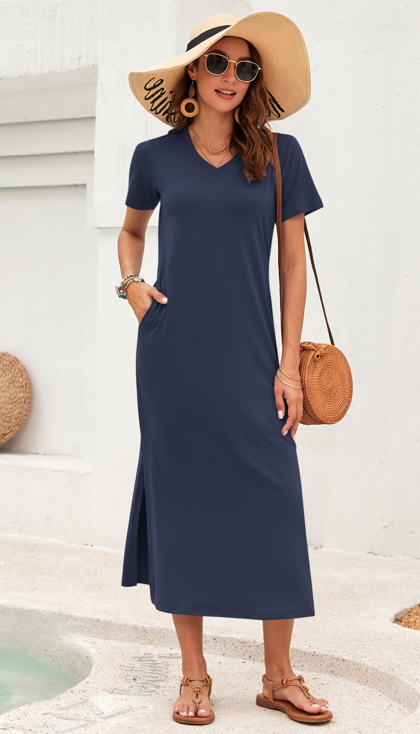 AUSELILY Longues Robes D'Été pour Femmes,Robe Femme De Plage Fendues,Manches Courtes,Col en V,avec Poches
