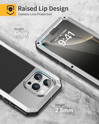 Lanhiem for iPhone 16 Pro Max Case, Metal Heavy Duty Shockproof Tough Rugged Case with Built-in Glass Screen Protector, 360 Full Body DustProof Strong Protective Phone Case for 16 Pro Max 6.9, Silver