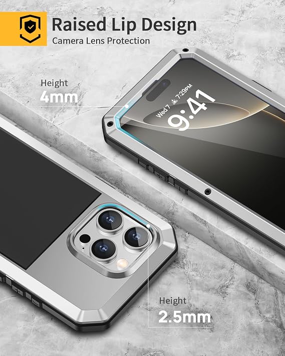 Lanhiem for iPhone 16 Pro Max Case, Metal Heavy Duty Shockproof Tough Rugged Case with Built-in Glass Screen Protector, 360 Full Body DustProof Strong Protective Phone Case for 16 Pro Max 6.9, Silver