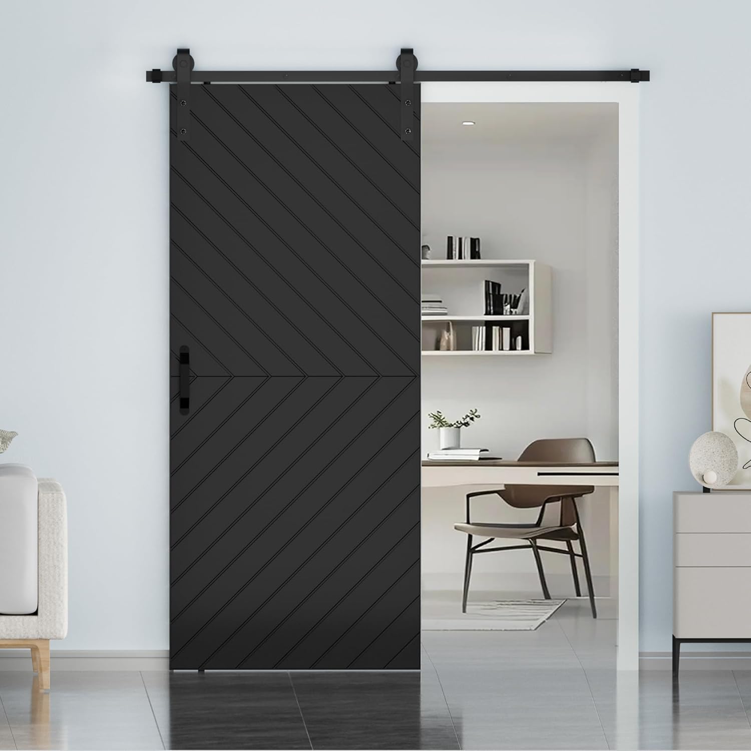 JUBEST 36 in. x 84 in. Sliding Barn Door Modern Door with 6FT Hardware Kit Icluded, Hollow-core Chevron Interior Doors with PVC Covered, Waterproof Surface, Easy to Install, Black