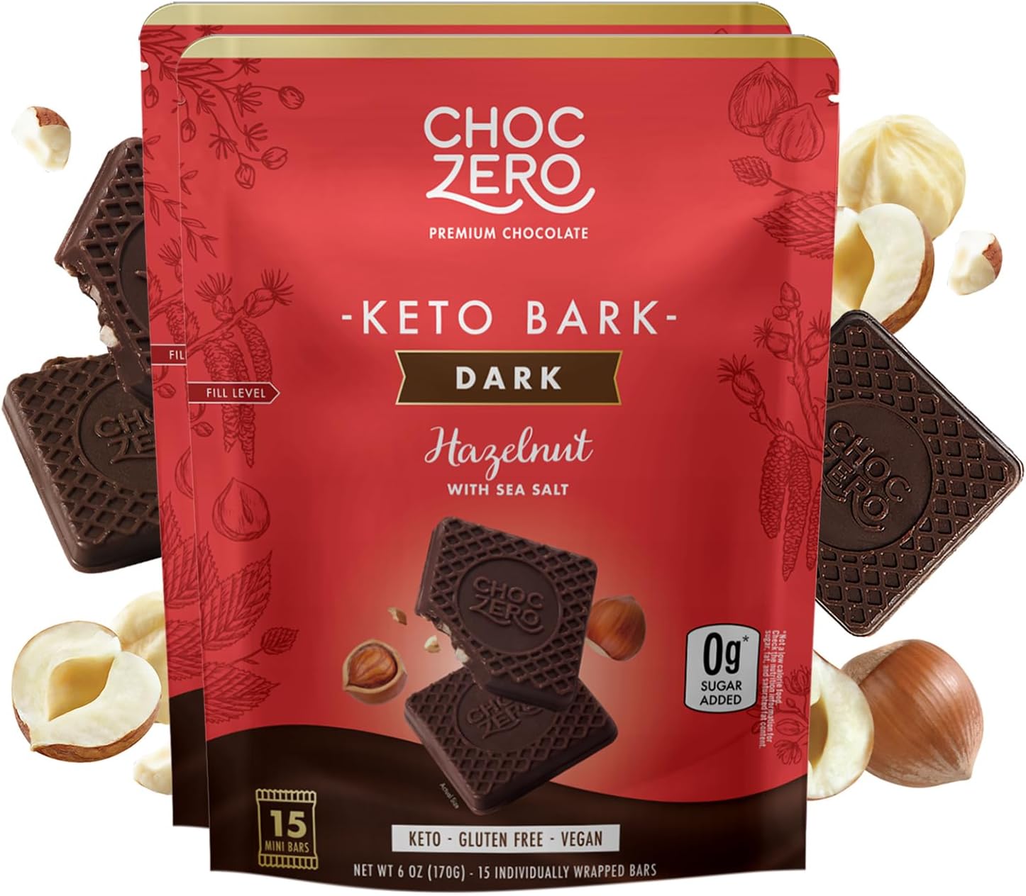 ChocZero Keto Bark, Dark Chocolate Hazelnut with Sea Salt, Sugar Free, Low Carb, No Sugar Alcohols, No Artificial Sweeteners, All Natural, Non-GMO, 6 Ounce (Pack of 2)