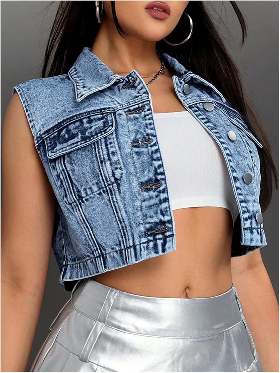 WDIRARA Women's Button Down Cropped Denim Vest Sleeveless Jean Jacket