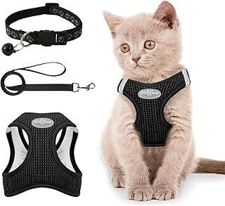 Muecleao Katzengeschirr, Verstellbares Softgeschirr mit Leine für Katzen, Ausbruchsicherer Katzengeschirr mit Katzenweste (Schwarz, S) product image