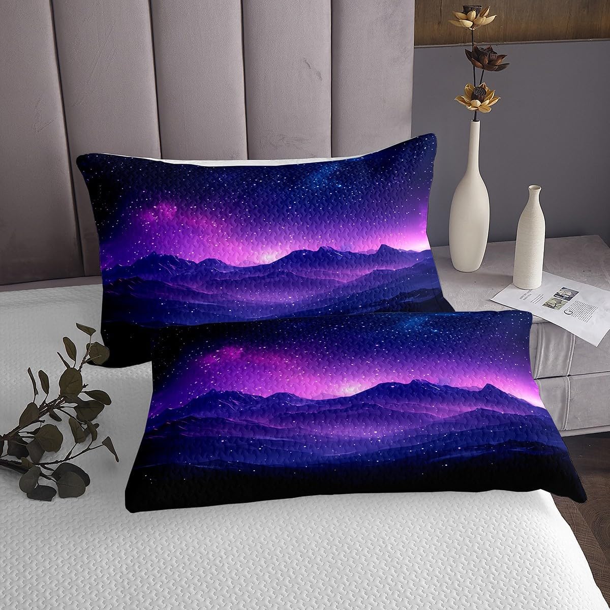 Homewish Purple Starry Sky Bedspread Queen Size,Mountain Night Scenery Bedding Set for Kids Boys Girls Room Decor,Galaxy Nebula Glitter Quilt 3Pcs,Nature Microfiber Coverlet Set,2 Pillowcases