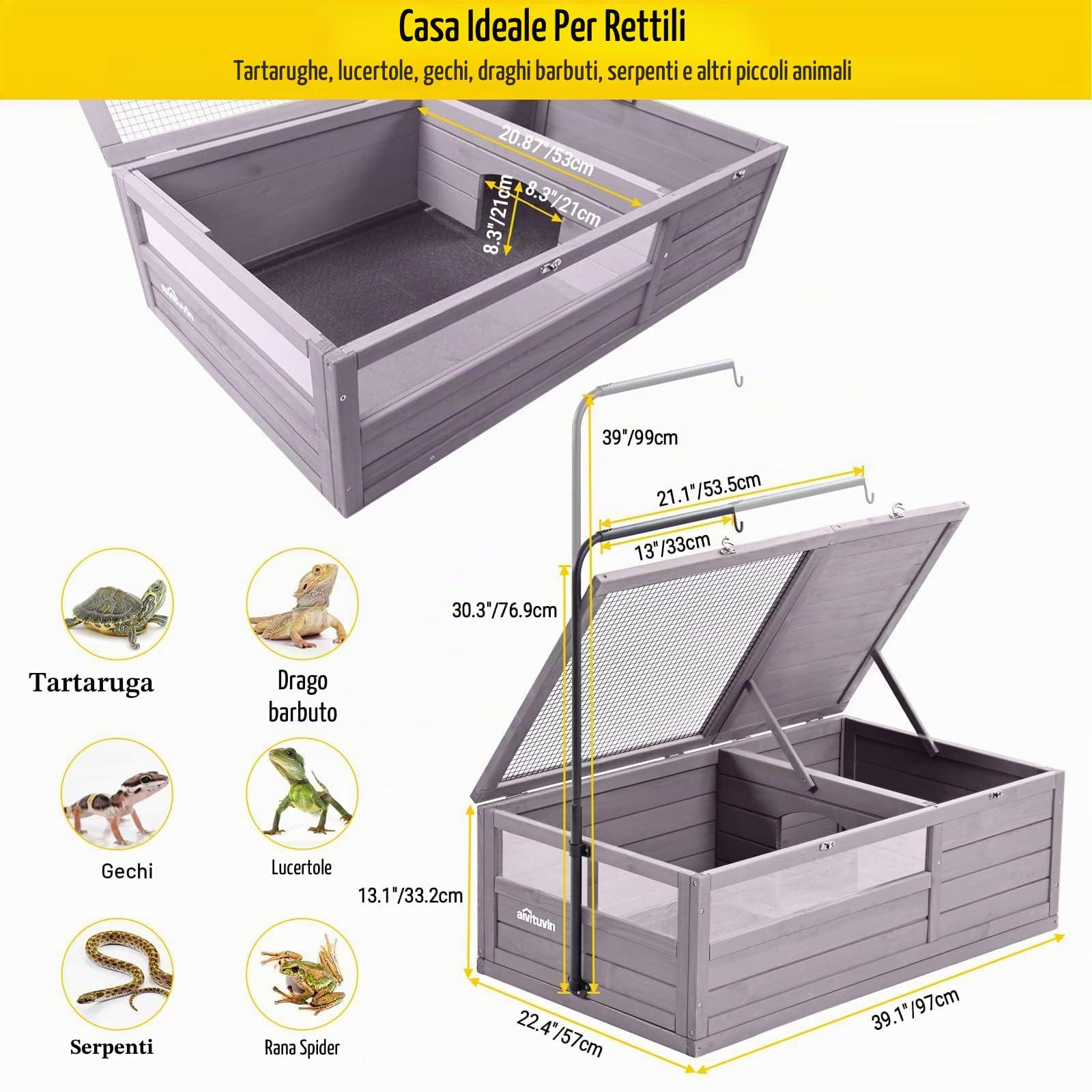 Seiyierr Casetta per tartarughe in legno, per interni ed esterni, per rettili tartaruga lucertola serpente