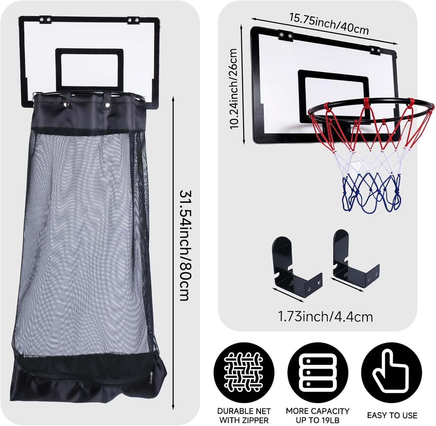 Over the Door Basketball Hoop Laundry Basket, 2-in-1 Wooden Basketball Hoop Laundry Hamper with Zipper, Space-Saving Hanging Organizer for Kids Sports-themed Room,Dorm, Bedroom,Gym