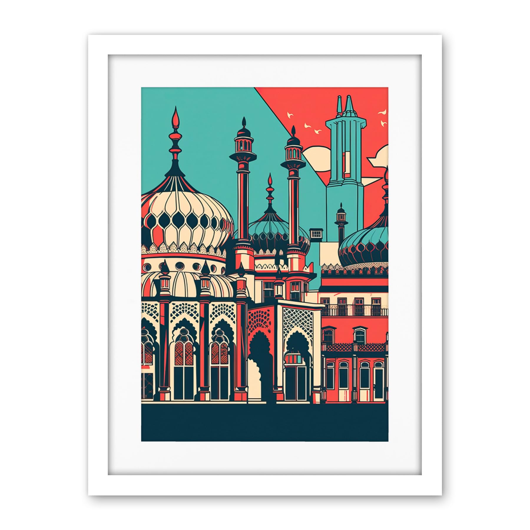 Artery8 Brighton's Royal Pavilion in Ivory Blue and Red Artwork Framed Wall Art Print 18X24 Inch