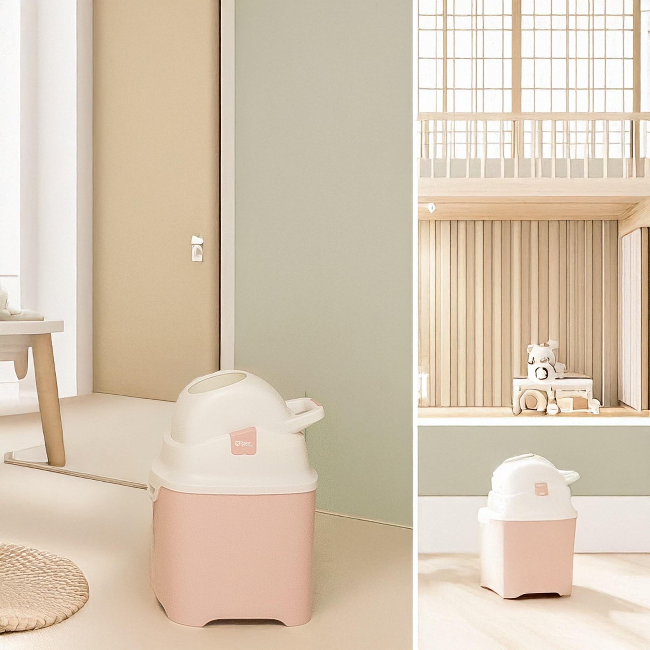 Diaper Champ ONE, Contenedor de pañales sin olor, sin recambios, utiliza bolsas de basura normales. Calidad profesional., Color rosa claro
