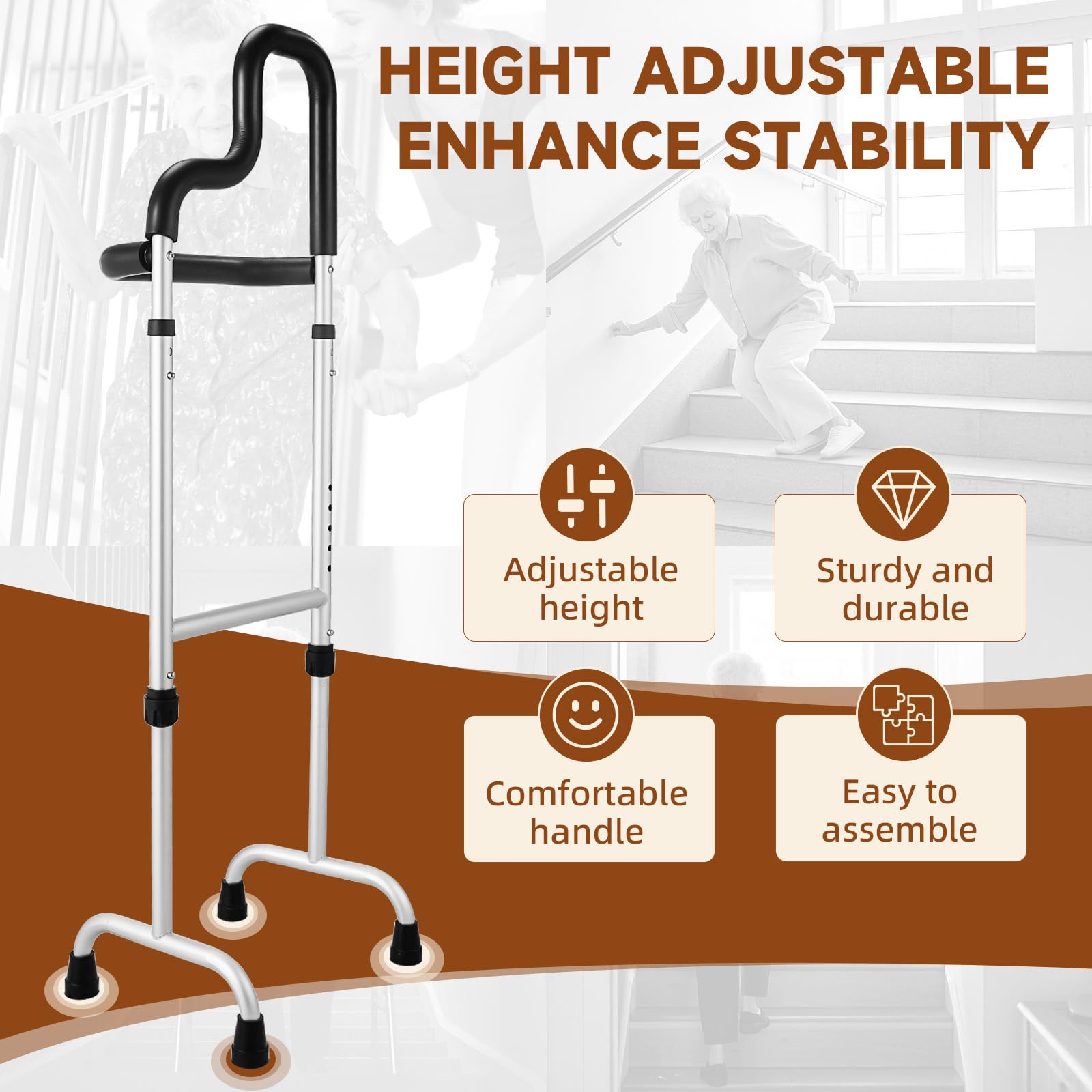 Bastón de escalera, ayuda para subir y bajar escaleras, bastón de estabilidad ajustable con doble agarre y mango de barra transversal, ayuda de movilidad para dolor de rodilla y cadera y piernas