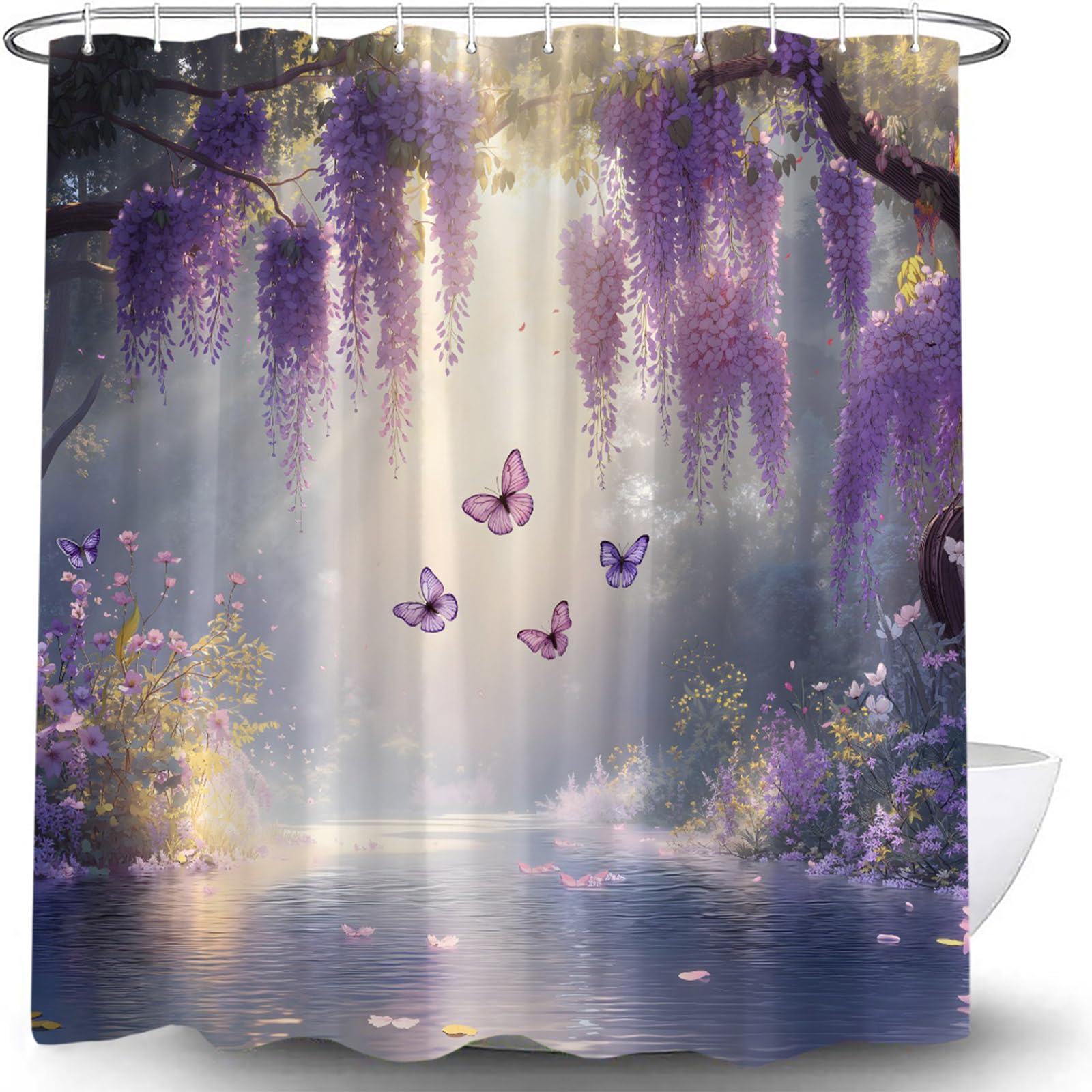 Purple Floral Shower Curtain Spring Lavender Flower Butterfly Wisteria Blossom Vine Green Leaves Lake Nature Scenery Modern Bath Curtain with Hooks