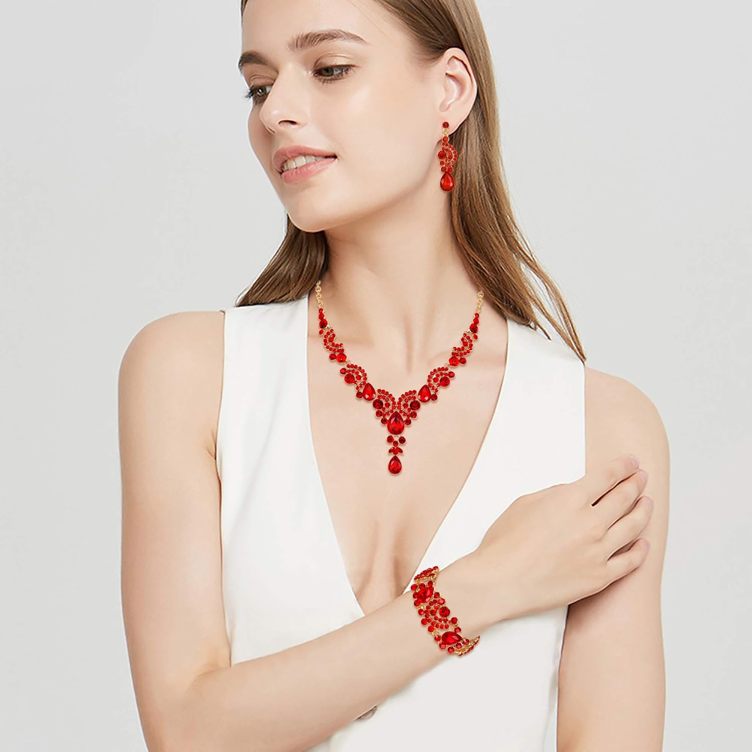 EVER FAITH Rhinestone Crystal Bridal Art Deco Floral Wave Teardrop Necklace Earrings Bracelet Jewelry Set - Image 3