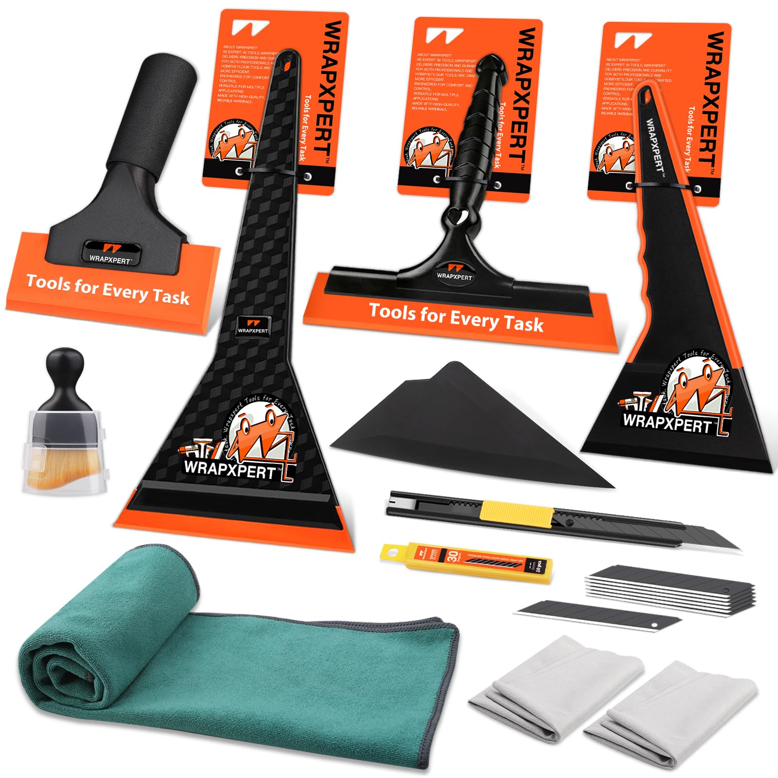 WRAPXPERT Window Tint Tool Kit, Professional Tint Squeegees with Multi-Hardness, Long Handle Windshield Squeegee, Corner Tool, Microfiber Cloths, Utility Knife for Car Window Film Installation