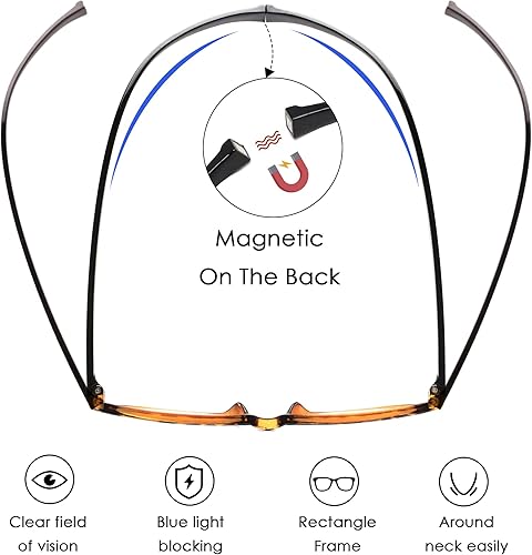 Miniatura 3 de JM Paquete de 2 lentes de lectura magnéticos para hombres y mujeres, cuello colgante, bloqueo de luz azul, para lectura de computadora, color negro