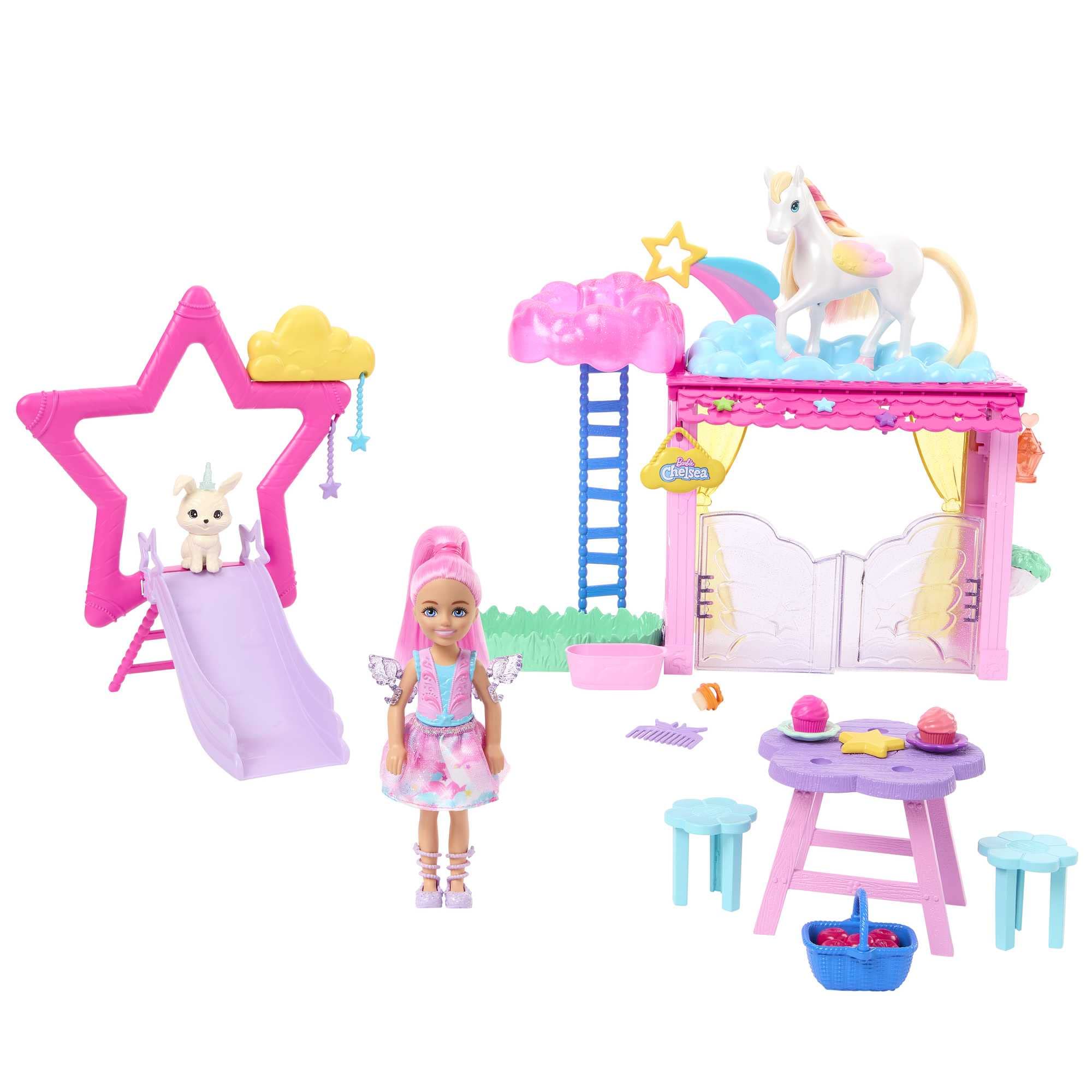Barbie - Playset Chelsea Un Tocco di Magia, set con stalla, 1 bambola Chelsea, unicorno Pegaso, 1 coniglietto e tanti accessori, giocattolo per bambini, 3+ anni, HNT67