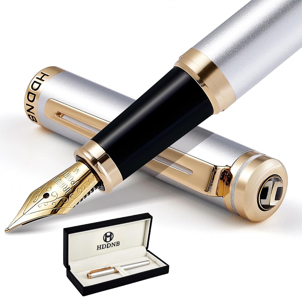 Silver Luxury Fountain Pen Set for Men and Women with Gift Box, 24K Gold Finish and Gilded Nib(Medium) with 5 Black Ink Cartridges and Converter