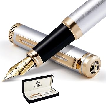 Silver Luxury Fountain Pen Set for Men and Women with Gift Box, 24K Gold Finish and Gilded NibMedium with 5 Black Ink Cartridges and Converter