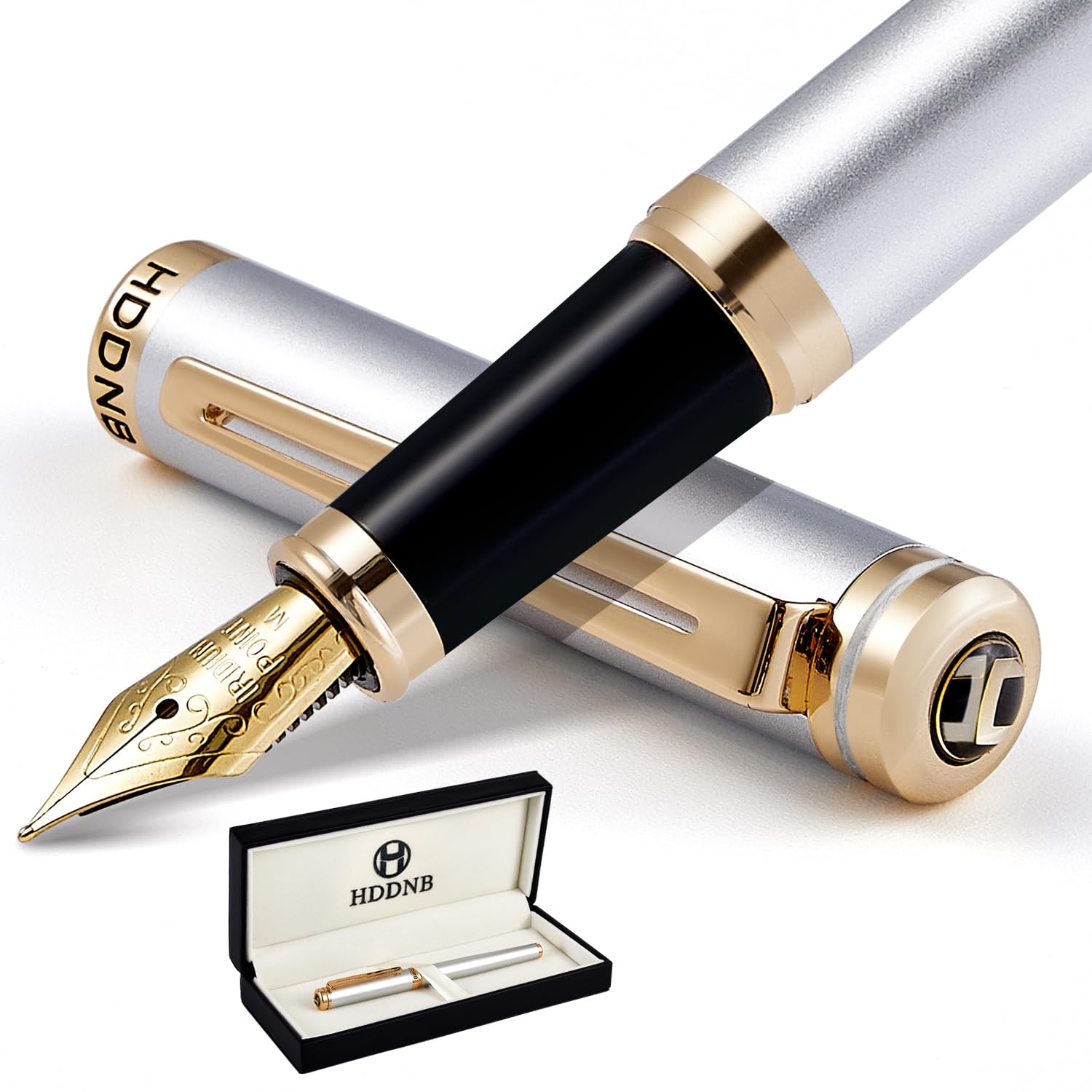 HDDNB Silver Luxury Fountain Pen Set for Men and Women with Gift Box, 24K Gold Finish and Gilded Nib(Medium) with 5 Black Ink Cartridges and Converter