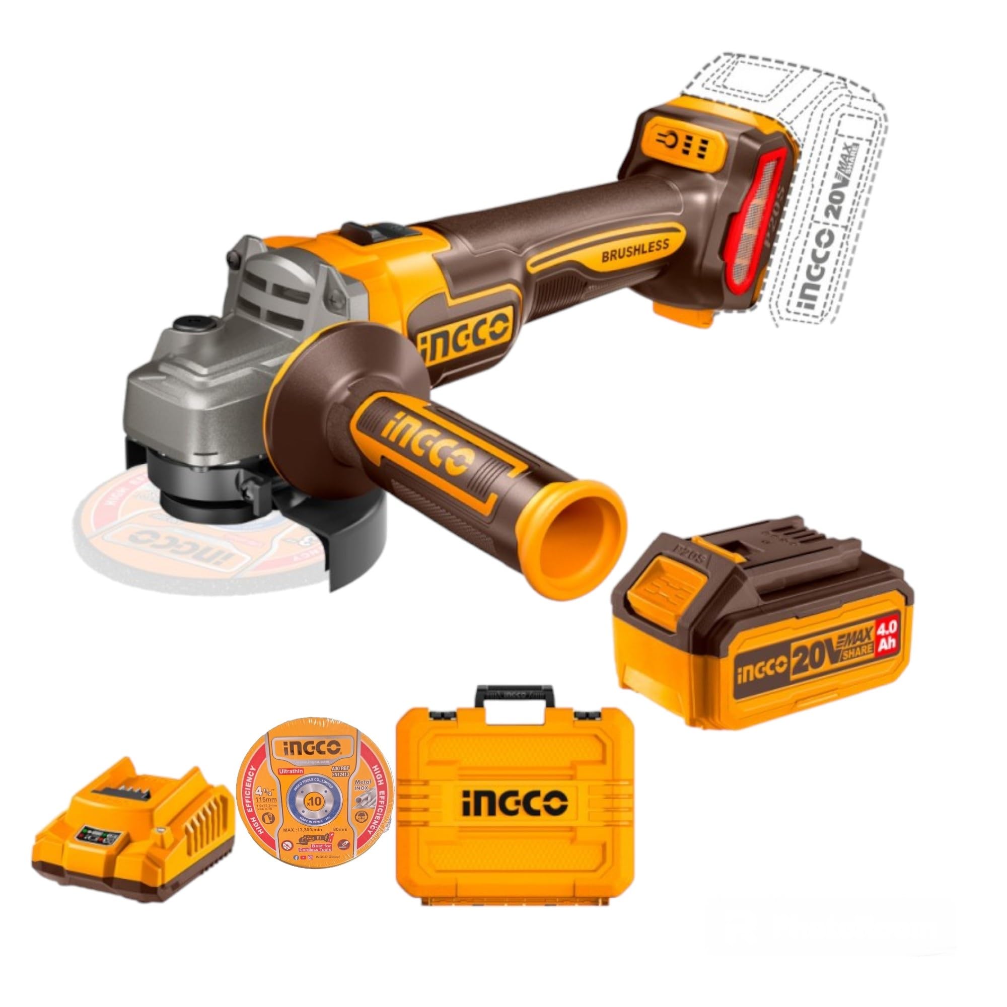 INGCO CAGLI211542 Smerigliatrice Angolare a Batteria con motore Brushless Diametro Disco 115mm Velocità a vuoto 3000/6000/9000 giri/min con 2 Batterie 20V 4.0AH + Dischi + Valigetta