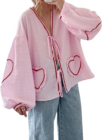 Women Cute Bow Tie Front Shirts Long Puff Sleeve Heart Embroidery Plaid Babydoll Tops Aesthetic Summer Casual Tops