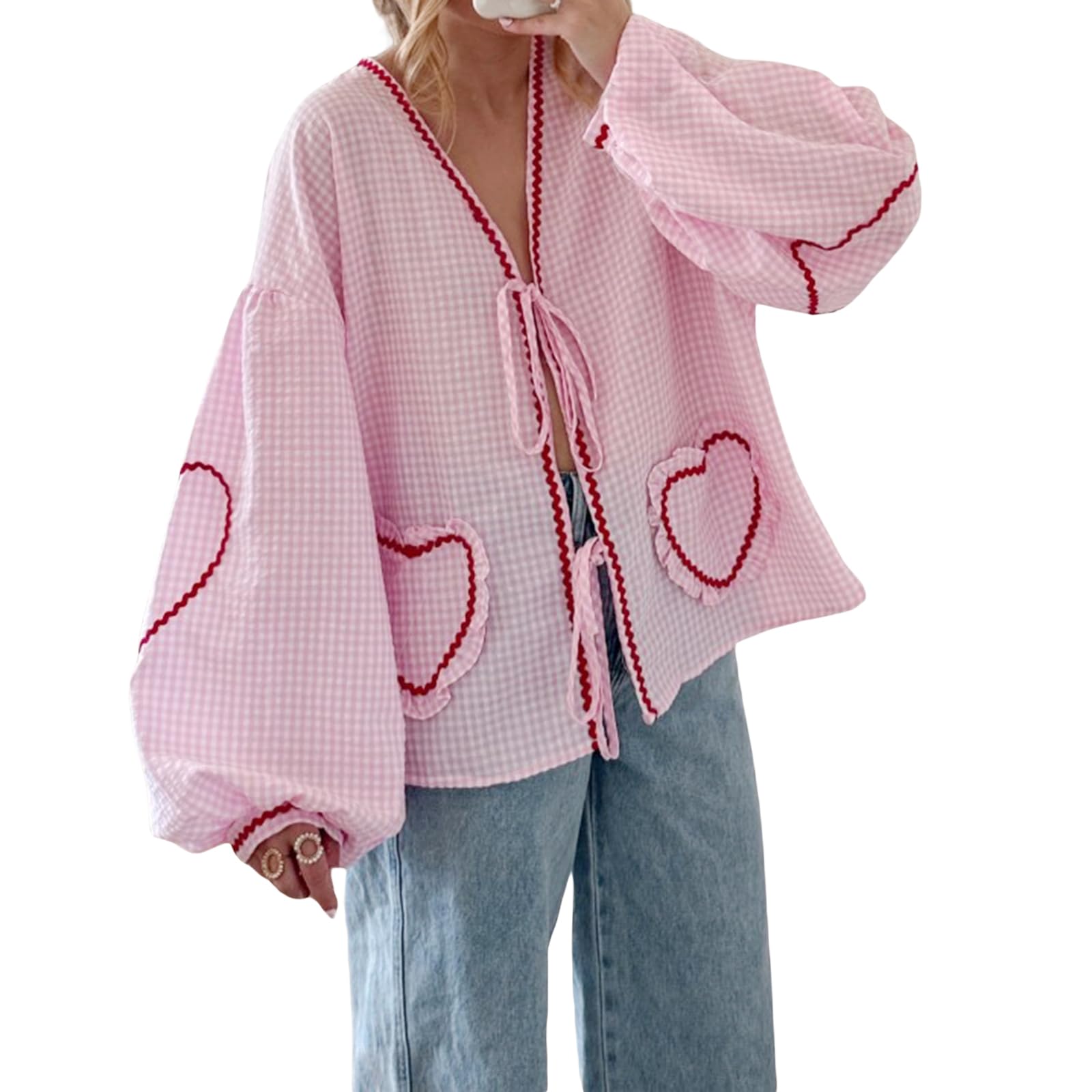 Femereinawomens Bow Tie Front Shirt Plaid Heart Babydoll Tee Y2k