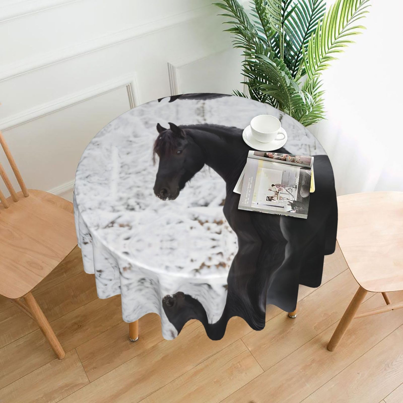 YYHWHJDE Black Friesian Sport Horse Prints Round Decorative Tablecloth 60in – Elevate Your Dining Space with this Elegant Throw for Everyday Charm & Special Occasions