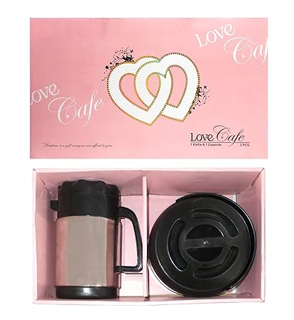 Kotak Sales Love Cafe Meal Box 1 Casserole 1200ML with Handle & 1 Kettle 1000ML Insulated Hot Pot Flask Thermos Jug Hot Cold Food Steel Carrier For Travel Hospital Office Birthday Wedding Gift