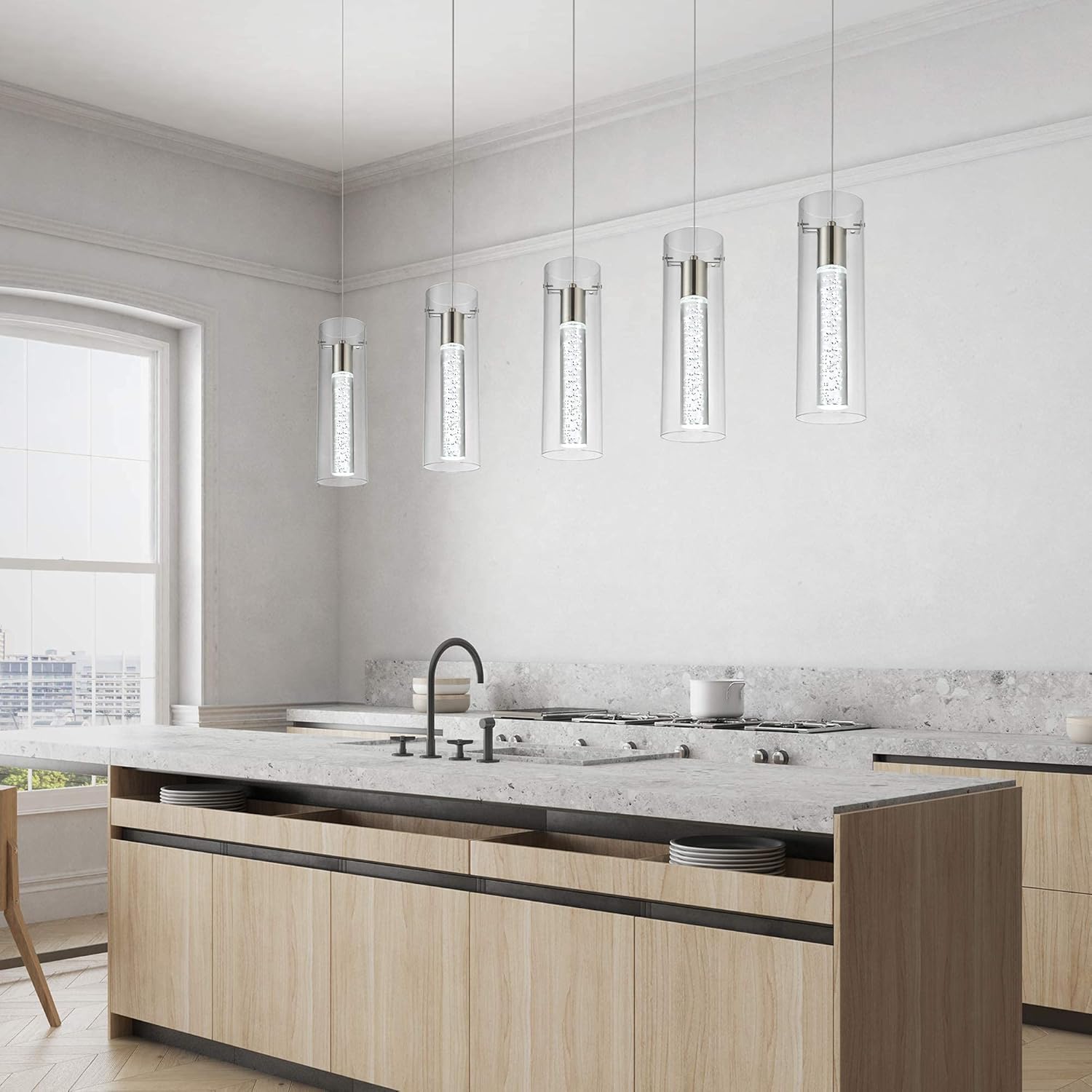 Modern Kitchen Lighting Pendant Fixtures 5-Light LED Pendant Ceiling Fixture Brushed Nickel Bubble Cylinder Pendant Light with Adjustable Length for Kitchen Island Dinning Room Bedroom