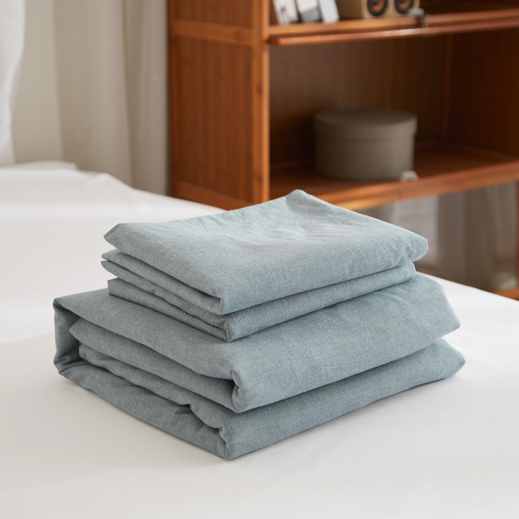 Copripiumino Mezza Lino 140 x 200 Blu - Set da letto misto morbido e traspirante e morbido, in cotone, biancheria da letto singolo, con cerniera e federa 65 x 65 cm