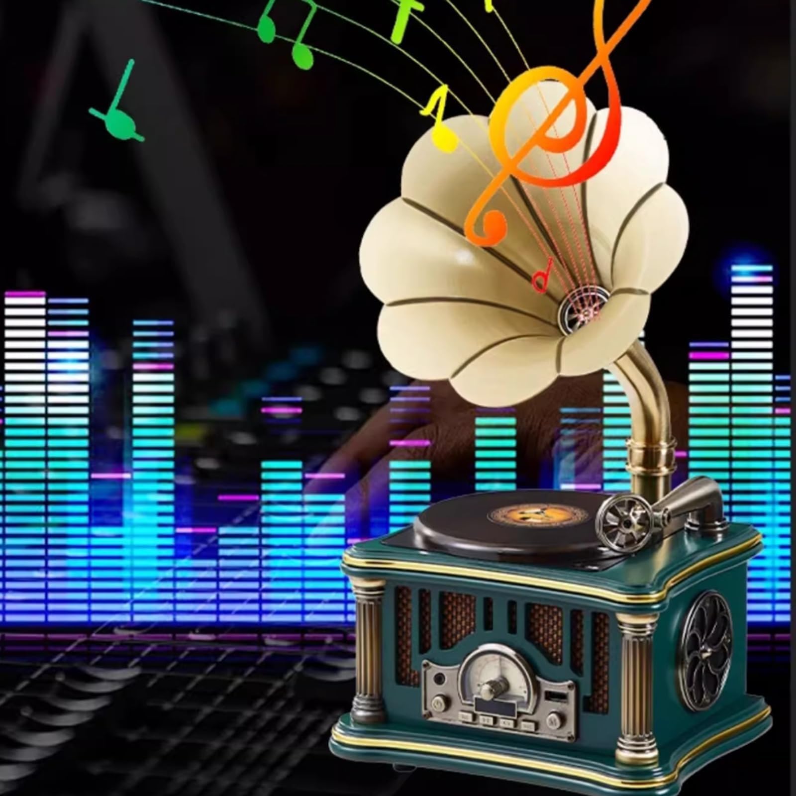 Retro fonografo lettore CD con Bluetooth, ricarica USB, radio FM e doppio altoparlante per gli appassionati di musica vintage